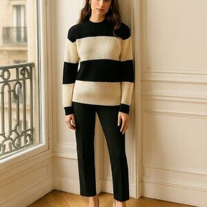 Laneus Made in Italy Black and Ivory Cream Striped Knit Sweater Cotton Blend